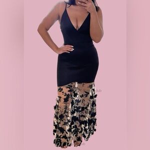 Black Floral Appliqué Formal Dress